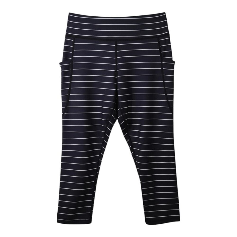 Zyia Active 20 Leggings Cropped Side Pockets Wide Waistband Navy White Stripe